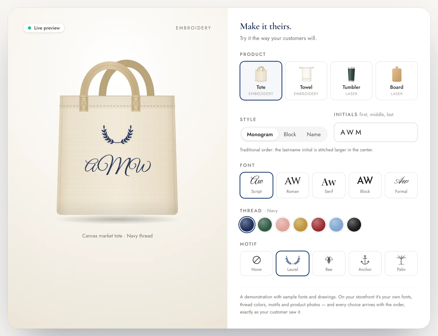 A live monogram preview on a canvas tote, with product, style, font, thread and motif choices