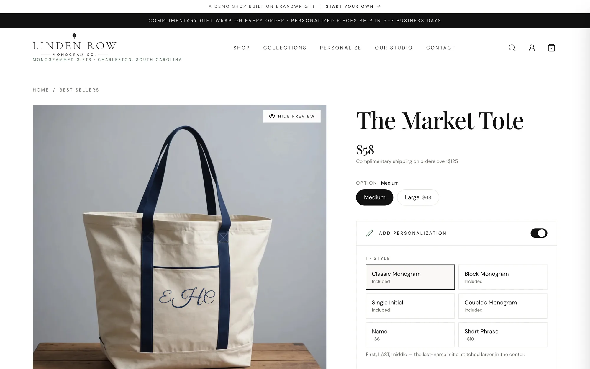 A Linden Row product page with the live monogram preview